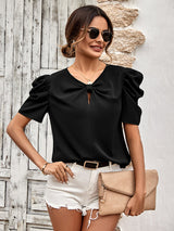 New solid color puff sleeve V-neck slim top-[Adult]-[Female]-Black-S-2022 Online Blue Zone Planet