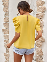 New solid color puff sleeve V-neck slim top-[Adult]-[Female]-2022 Online Blue Zone Planet