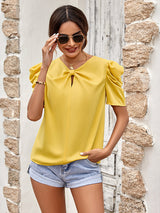 New solid color puff sleeve V-neck slim top-[Adult]-[Female]-Yellow-S-2022 Online Blue Zone Planet