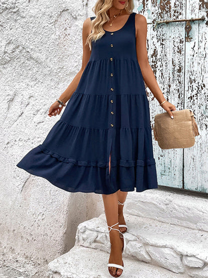 Blue Zone Planet |  Summer sleeveless slit solid color dress BLUE ZONE PLANET