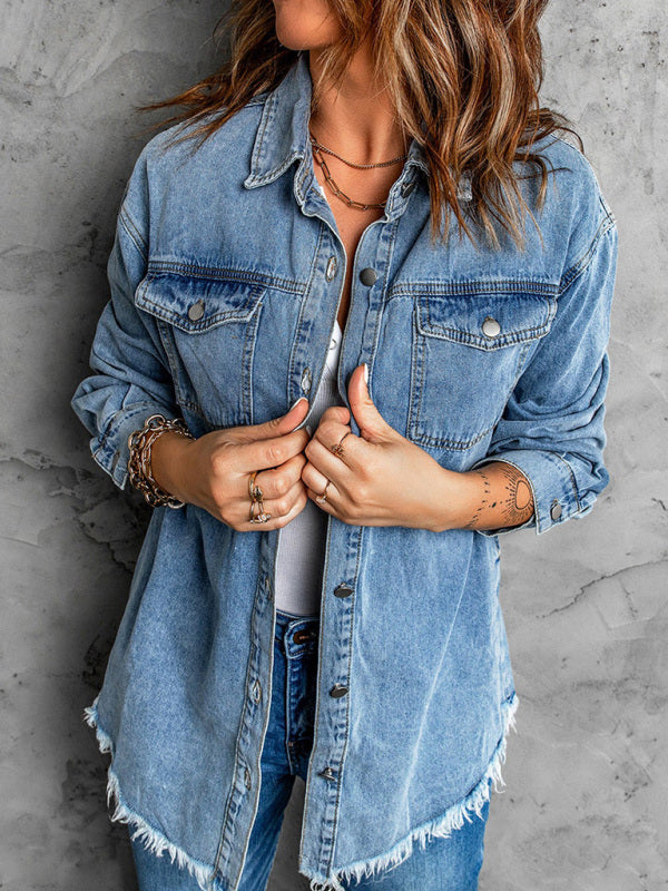 Street trendy denim lapel loose type simple blouse-[Adult]-[Female]-2022 Online Blue Zone Planet