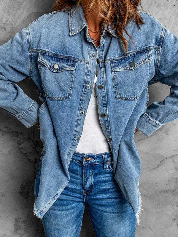 Street trendy denim lapel loose type simple blouse-[Adult]-[Female]-Blue-S-2022 Online Blue Zone Planet