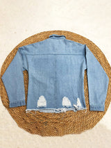 Ripped mid-length denim jacket washed retro jacket long sleevesblouse-[Adult]-[Female]-2022 Online Blue Zone Planet