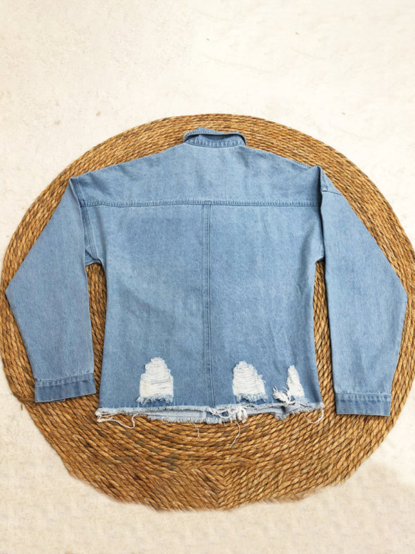 Ripped mid-length denim jacket washed retro jacket long sleevesblouse-[Adult]-[Female]-2022 Online Blue Zone Planet