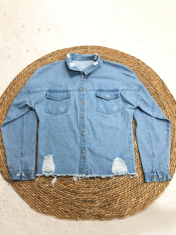 Ripped mid-length denim jacket washed retro jacket long sleevesblouse-[Adult]-[Female]-2022 Online Blue Zone Planet