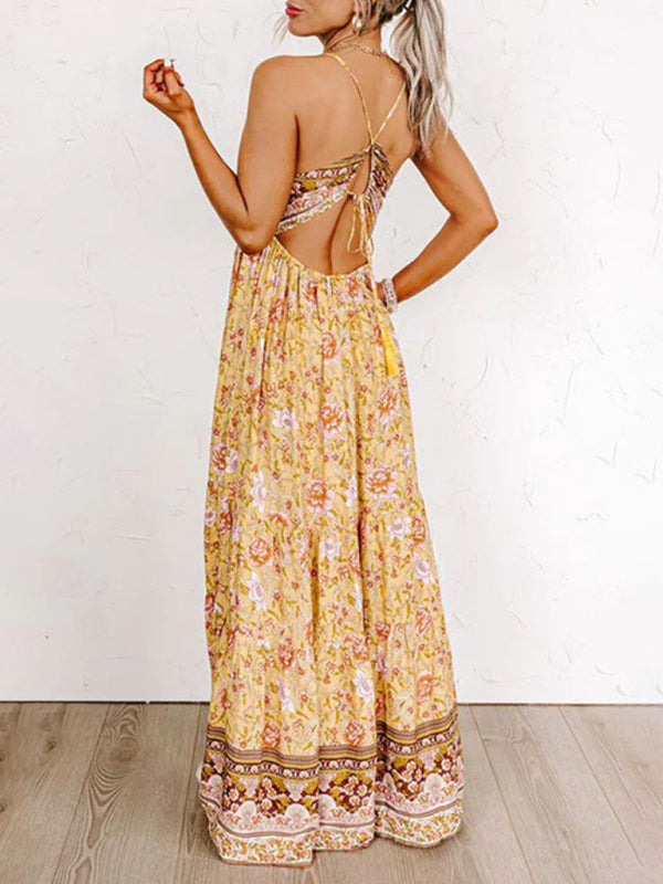 Blue Zone Planet | Sling Floral Street Strap Backless Dress BLUE ZONE PLANET