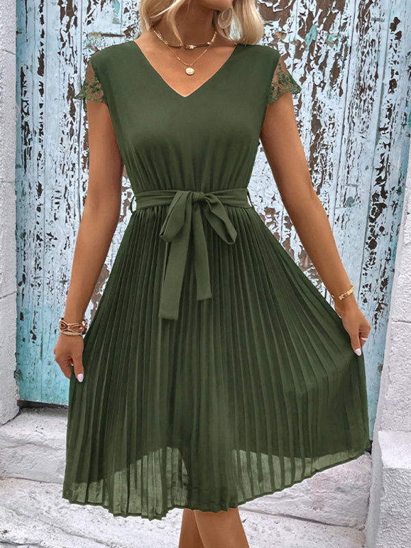 lace stitching solid color pleated dress kakaclo