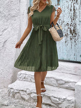 lace stitching solid color pleated dress kakaclo