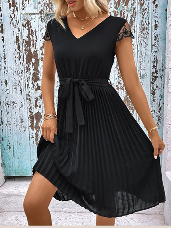 lace stitching solid color pleated dress kakaclo