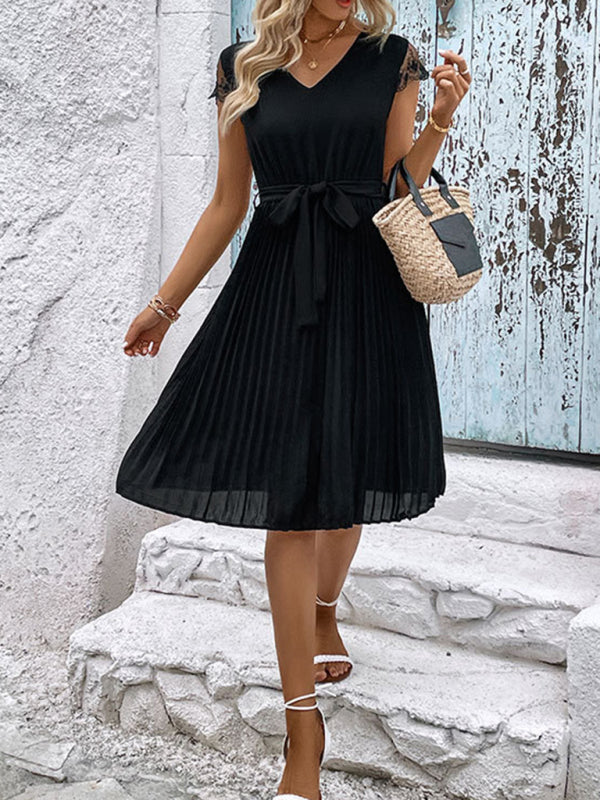 lace stitching solid color pleated dress kakaclo