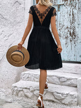 lace stitching solid color pleated dress kakaclo