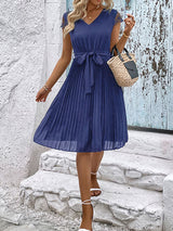 lace stitching solid color pleated dress kakaclo