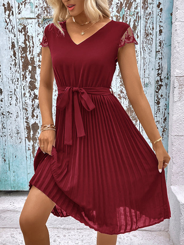 lace stitching solid color pleated dress kakaclo