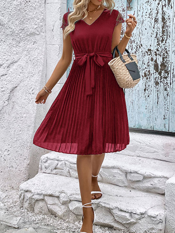 lace stitching solid color pleated dress kakaclo