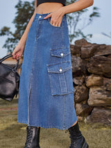 Amsoin Elastic Waist Denim Cargo Casual Midi Skirt