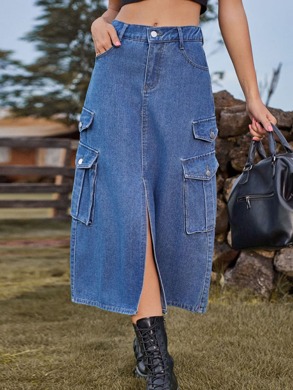 Amsoin Elastic Waist Denim Cargo Casual Midi Skirt