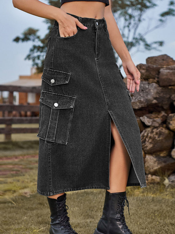 Amsoin Elastic Waist Denim Cargo Casual Midi Skirt