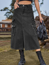 Amsoin Elastic Waist Denim Cargo Casual Midi Skirt