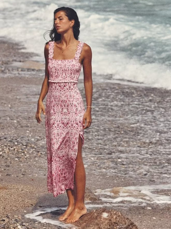 Blue Zone Planet |  Ladies Linen Blend Printed Midi Resort Dress BLUE ZONE PLANET