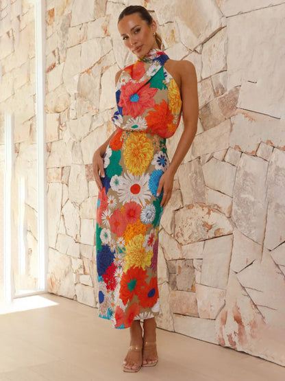 Blue Zone Planet | holiday style fashion printed halter neck sleeveless waist dress BLUE ZONE PLANET