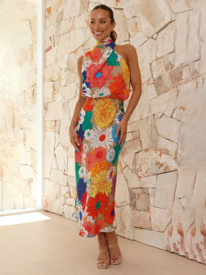Blue Zone Planet | holiday style fashion printed halter neck sleeveless waist dress BLUE ZONE PLANET