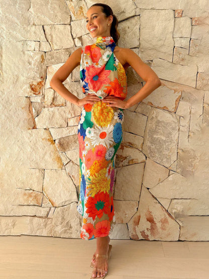 Blue Zone Planet | holiday style fashion printed halter neck sleeveless waist dress BLUE ZONE PLANET