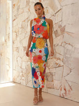Blue Zone Planet | holiday style fashion printed halter neck sleeveless waist dress BLUE ZONE PLANET