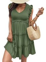 Blue Zone Planet |  solid color v-neck ruffle dress BLUE ZONE PLANET