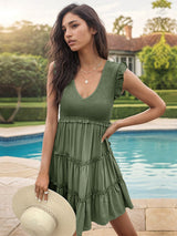 Blue Zone Planet |  solid color v-neck ruffle dress BLUE ZONE PLANET
