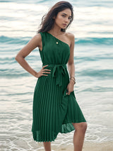 solid color slope neck off-shoulder dress kakaclo