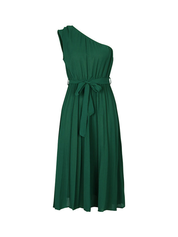 solid color slope neck off-shoulder dress kakaclo