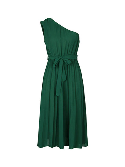 solid color slope neck off-shoulder dress kakaclo