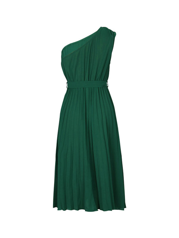 solid color slope neck off-shoulder dress kakaclo