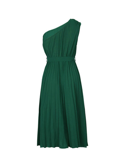 solid color slope neck off-shoulder dress kakaclo