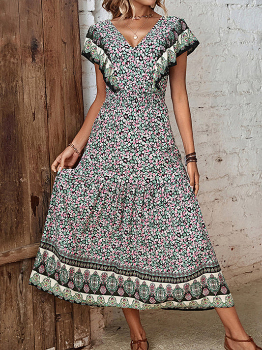 Amsoin ruffled v-neck temperament printed dress