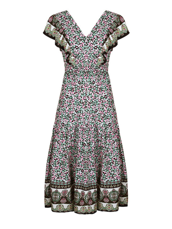 Amsoin ruffled v-neck temperament printed dress