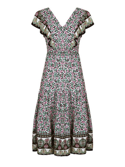 Amsoin ruffled v-neck temperament printed dress