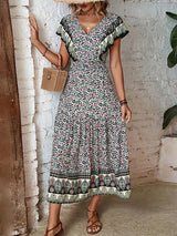 Amsoin ruffled v-neck temperament printed dress