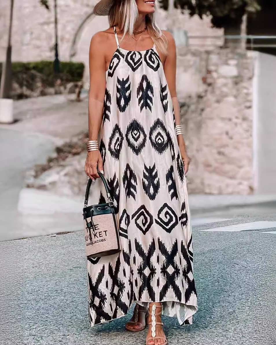 Amsoin Abstract Print Halter Long Dress