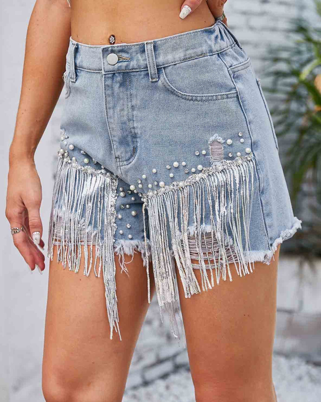 Amsoin Rhinestone Beaded Denim Shorts