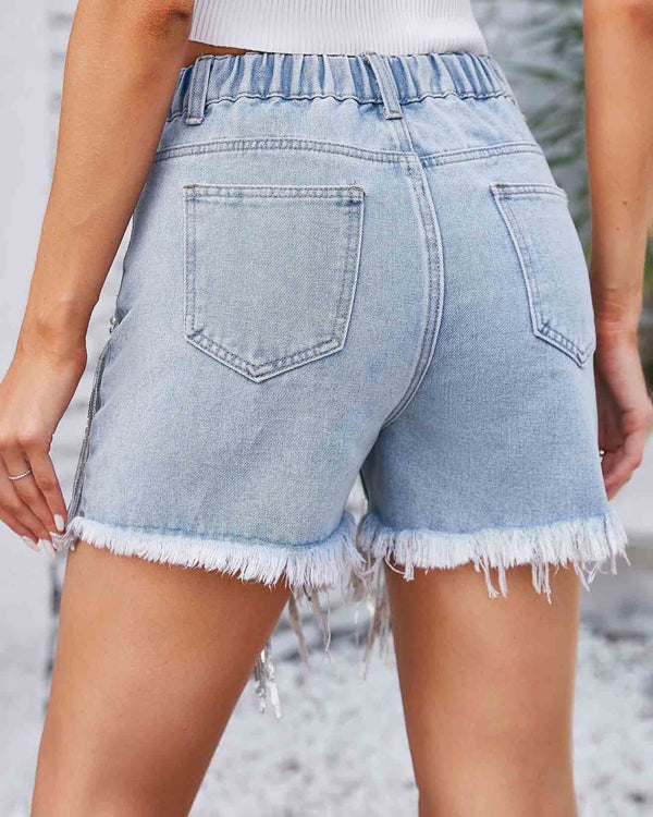 Amsoin Rhinestone Beaded Denim Shorts