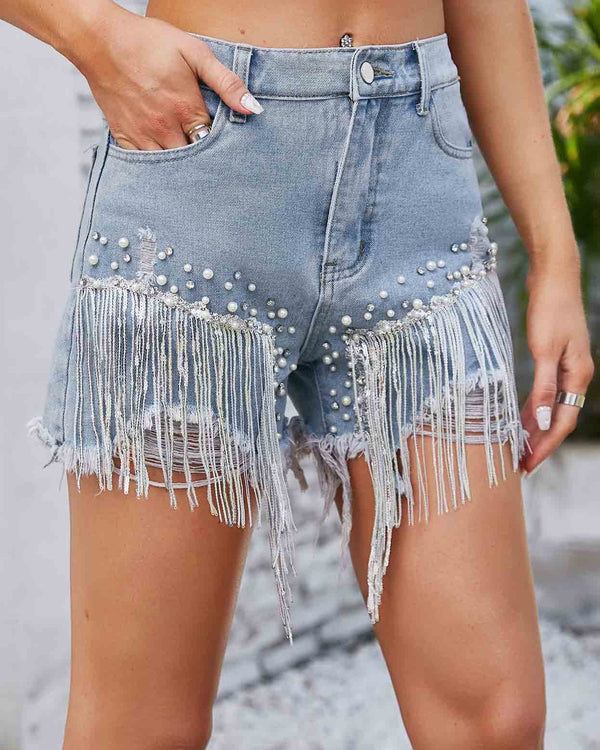 Amsoin Rhinestone Beaded Denim Shorts