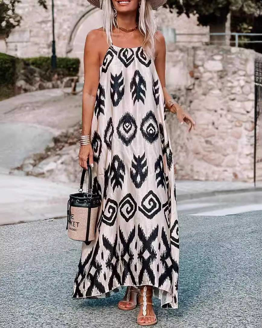 Amsoin Abstract Print Halter Long Dress