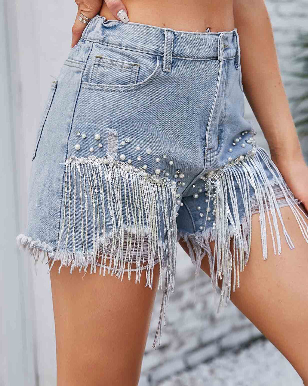 Amsoin Rhinestone Beaded Denim Shorts