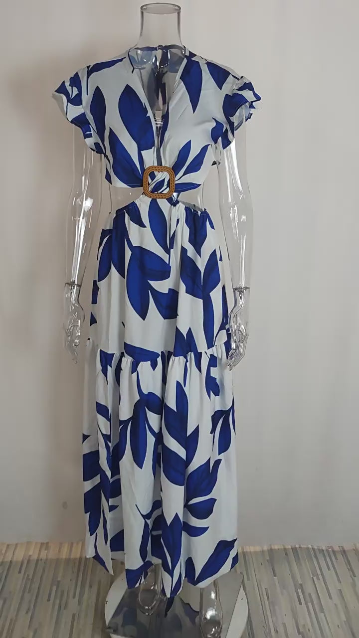 Amsoin Printed V-neck Puff Sleeve Long Sexy Waistless Dress