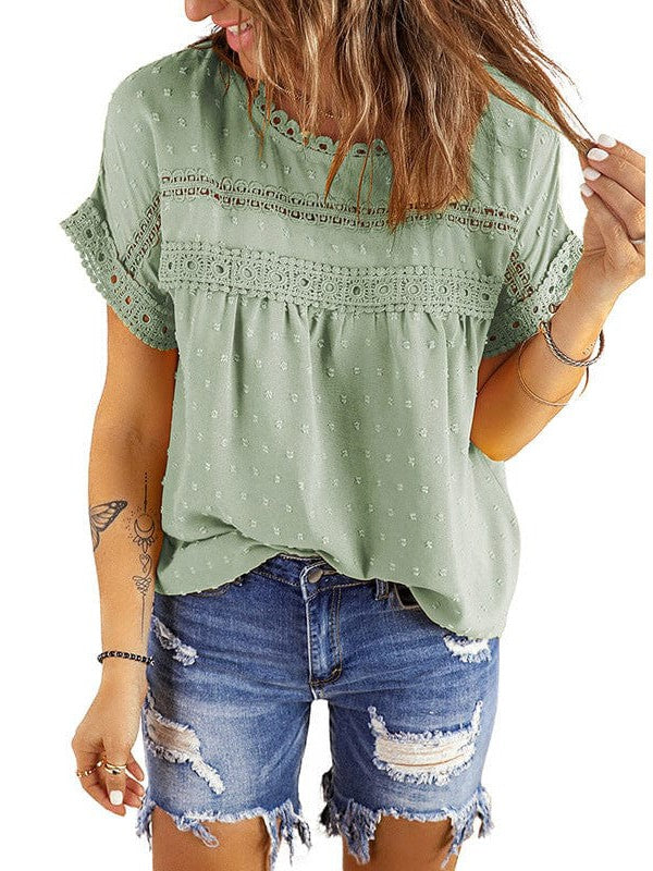 Solid Color Short Sleeve Lace Chiffon Top with Round Neck for Women's Comfort