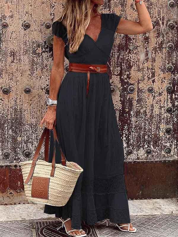 Amsoin V Neck Lace Maxi Dress