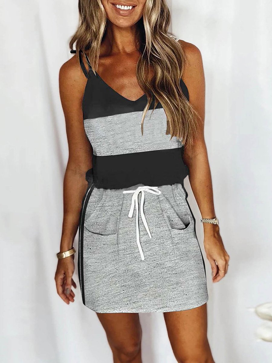 Amsoin Drawstring Pocket Sleeveless Dress