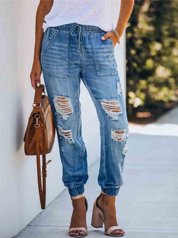 Amsoin Adjustable Waist Ripped Jeans