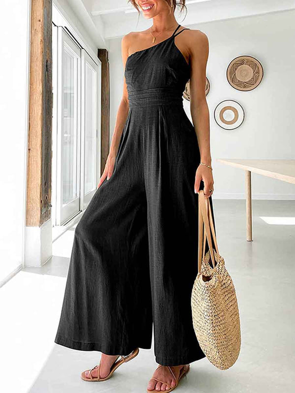 Amsoin One Shoulder Pleated Jumpsuit